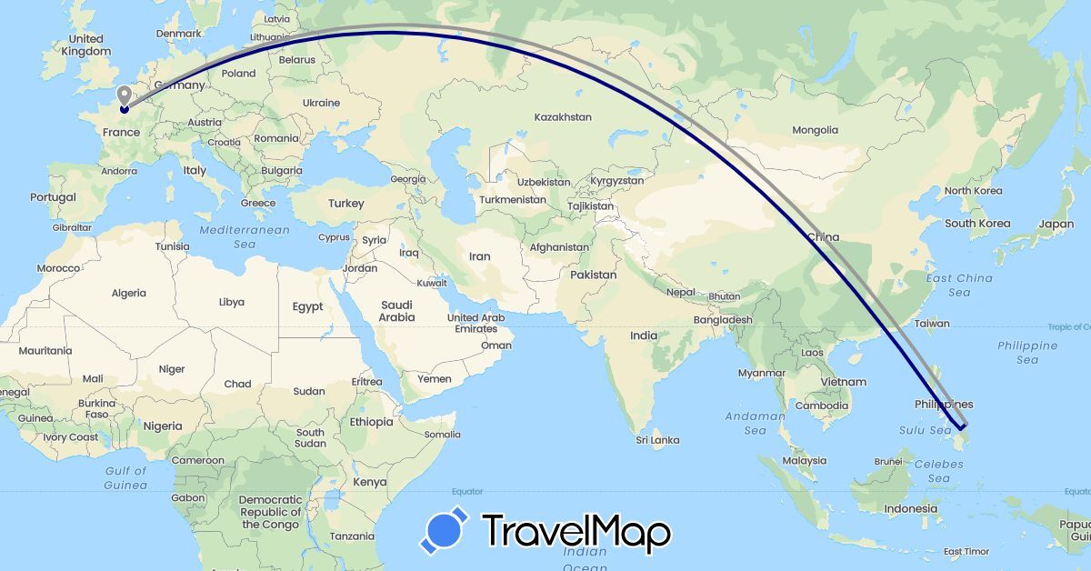 TravelMap itinerary: driving, plane in France, Indonesia, Philippines (Asia, Europe)